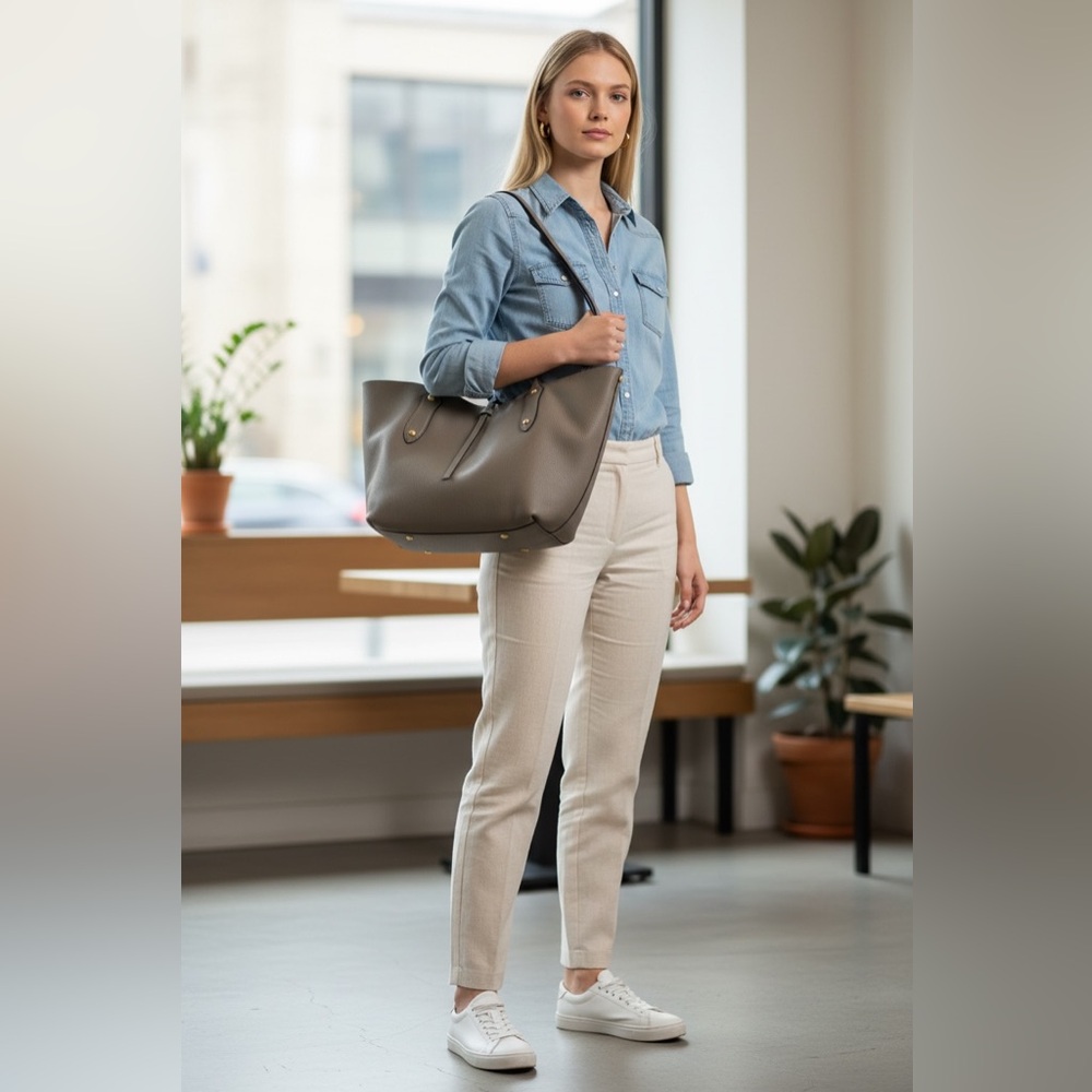 Beautiful Annabel Ingall pebbled leather tote in a versatile taupe/grey shade 🤍